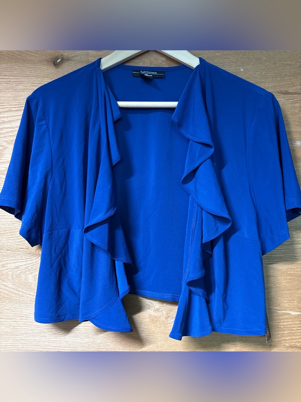R&M Richards Royal Blue Short-Sleeve Ruffle Front Cardigan
